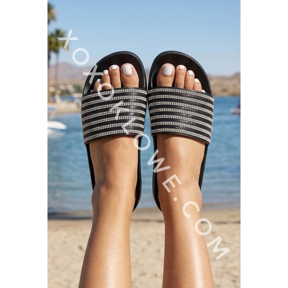 Qupid Shoes - Qupid Black Rhinestone Slide Sandals | Sparkly Slip On Flat